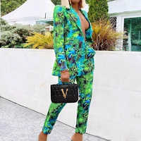 womens elastic waist notched blazer office suit pantsuit solid printing long sleeve suit trousers blazer women mujer