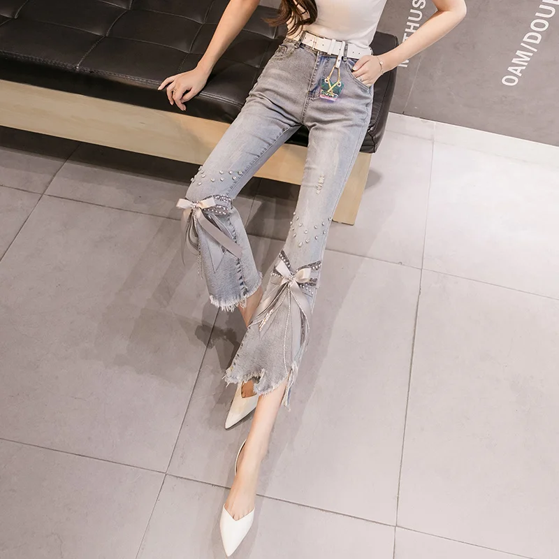 High Waist Jeans Women Ripped Cropped Jeans Women's 2022 Spring Summer New Irregular Beaded Bow Flared Denim Pants Ladies Jeans