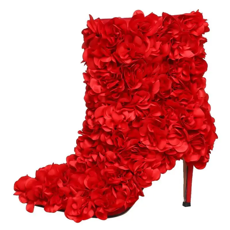 

Роскошные брендовые свадебные туфли с розами, новинка осень-зима, короткие ботинки на тонком высоком каблуке с острым носком, черные, красные женские туфли-лодочки, большой размер