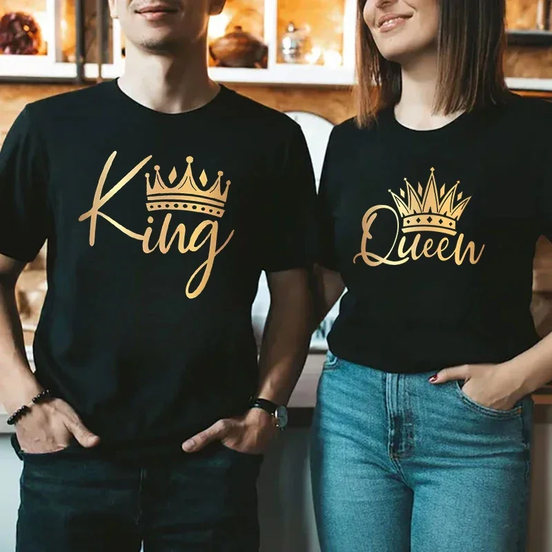 Одинаковая футболка для пар с золотым принтом KING and QUEEN Футболка короны Y2K Harajuku