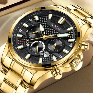 NIBOSI Men Fashion Gold Watch For Men Top Brand Luxury Quartz Mens Watches Mesh Waterproof Sport Chr