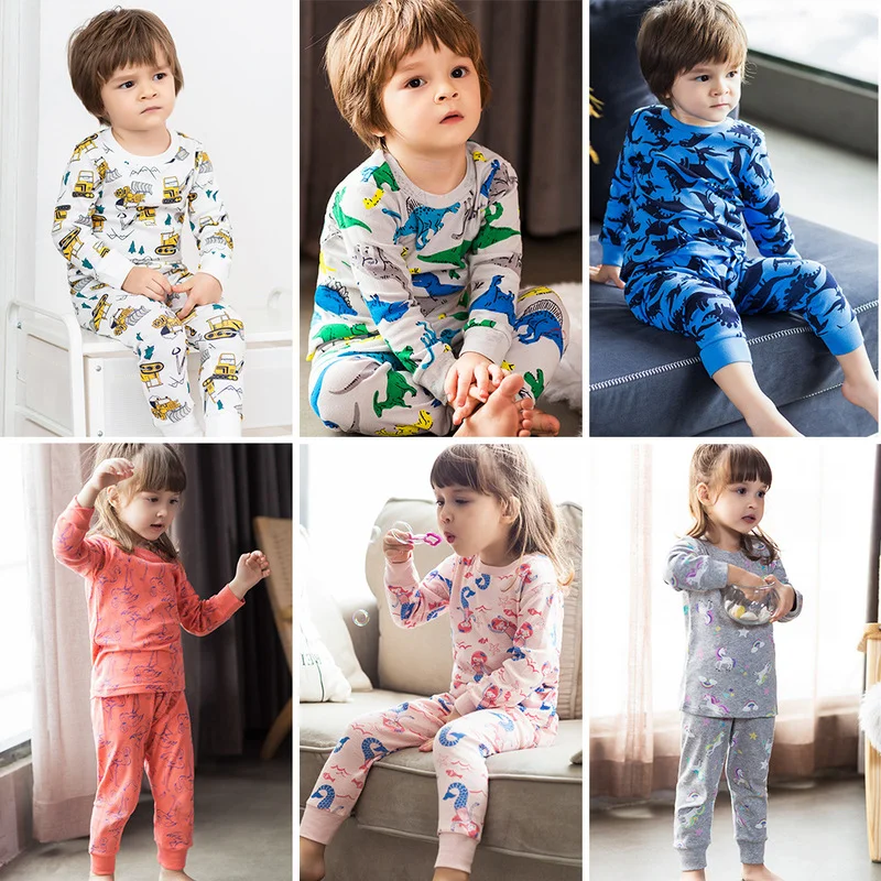 

2Pcs Kids Print Cotton Pajamas Set for Boys Girls Sleepwear Cartoon Dinosaur Unicorn Rainbow Printed Pajamas for Children
