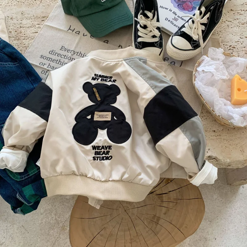 

New Autumn Kids Coat contrast color cartoon bear Boys jacket letters embroidery Cardigan Girls outwear