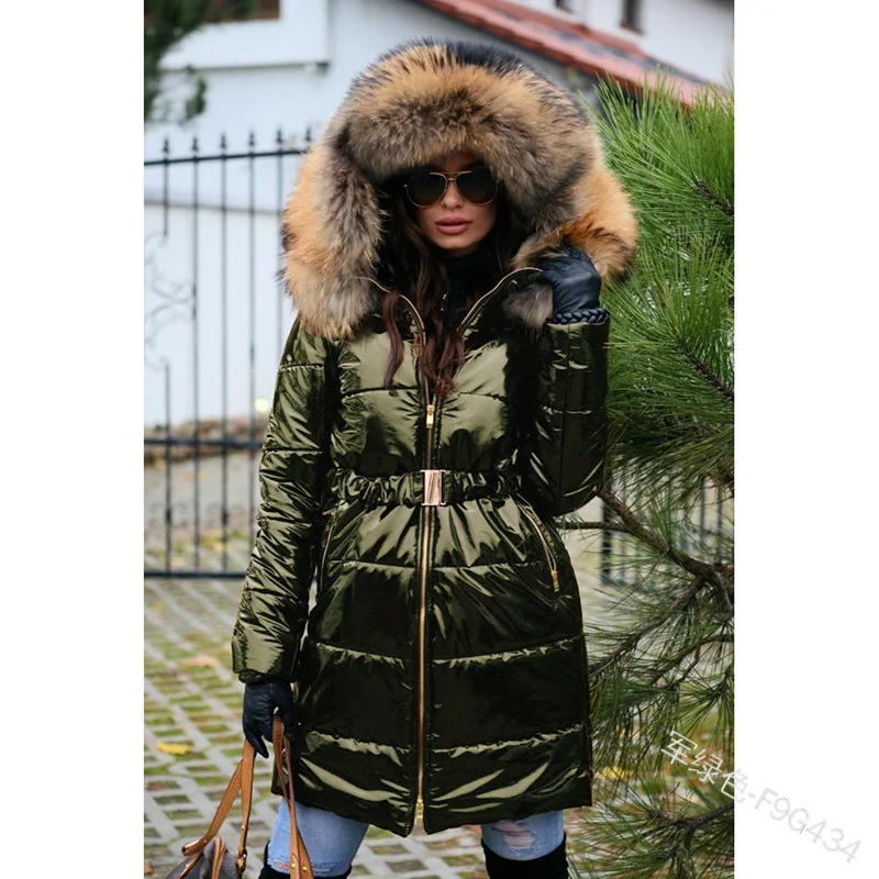 2023 Winter Women's Waist Wrap Mid length Cotton Coat with Large Wool Collar Hooded Bright Face Fashion Warm Coat