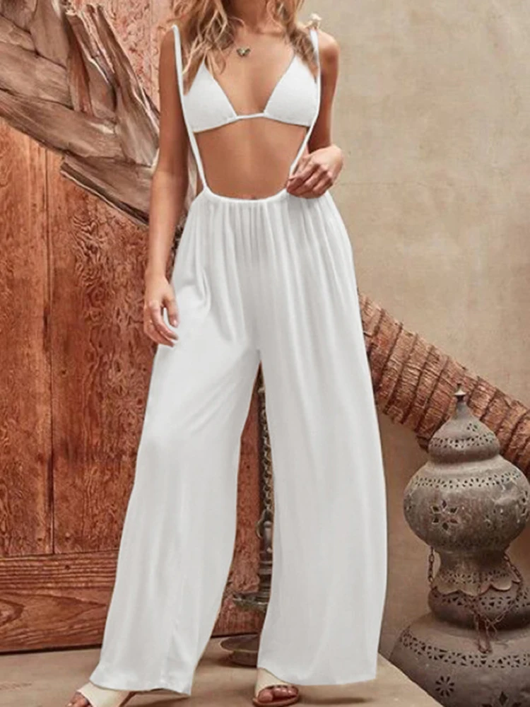 

Комплект бикини из 3 предметов, женский купальник со штанами, накидка, купальный костюм, Летний Новый модный однотонный сексуальный пляжный комплект бикини