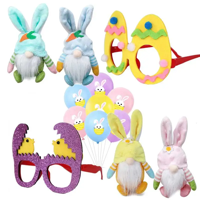 

Happy Easter Rabbit Eggs Plush Ornaments Glasses Balloons Wooden Craft Decorations Home Party DIY Ornaments Natural Home Decor