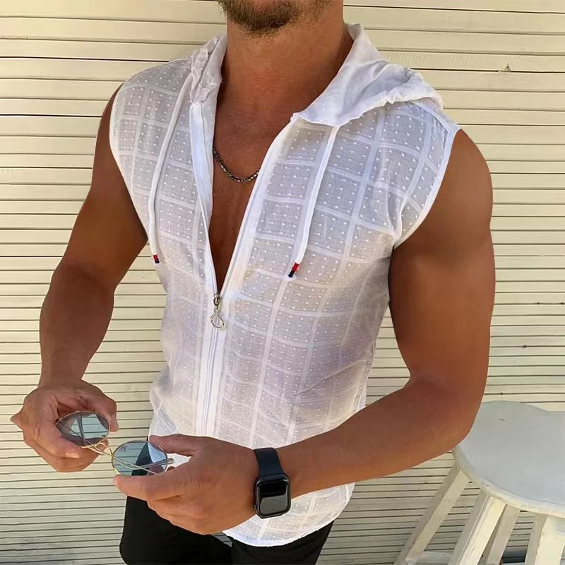 

Casual Sleeveless Hooded Tops Men 2023 Summer Plaid Printed Slim Vest Shirt Streetwear For Man Drawstring Lace-up Pullover Tee