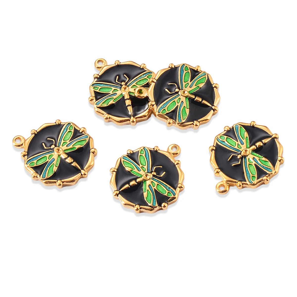 5pcs Stainless Steel Round Dragonfly Dot Diamond Gold Color Pendant Earring Necklace Charms Jewellery Making Supplies Wholesale