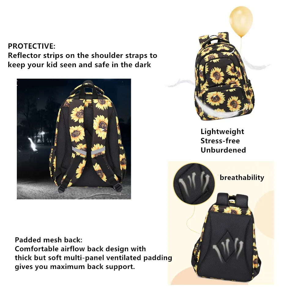 School Backpacks for Teen Girls Sunflower-Print School Bags Elementary Kids Bookbag Lightweight Casual Travel Rucksack Mochila