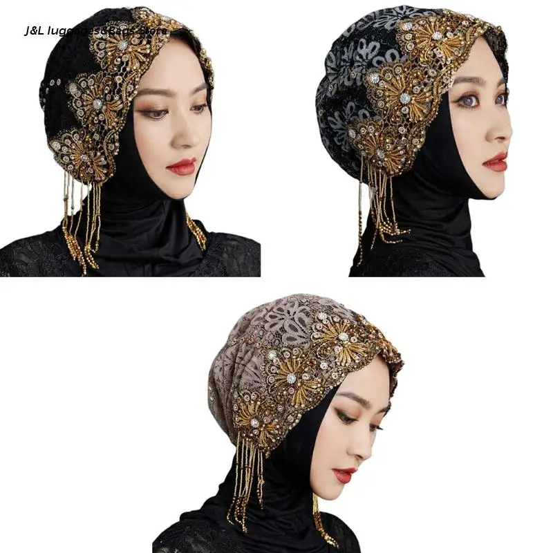 

Women's Muslim Headwear Malaysia Headscarf Fashion Beaded Glitter Lightweight Hijab Stretchy Head Wrap Cancer Chemo Cap