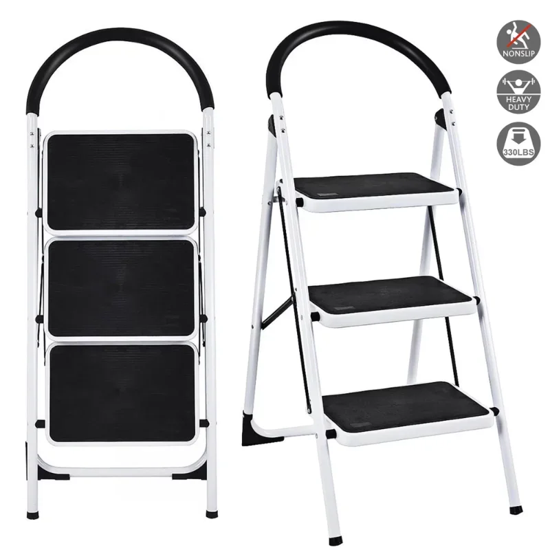 

SUGIFT 3-Step Portable Folding Steel Ladder with Wide Platform Steps, 330lbs Capacity, White Step Stools with Platforms