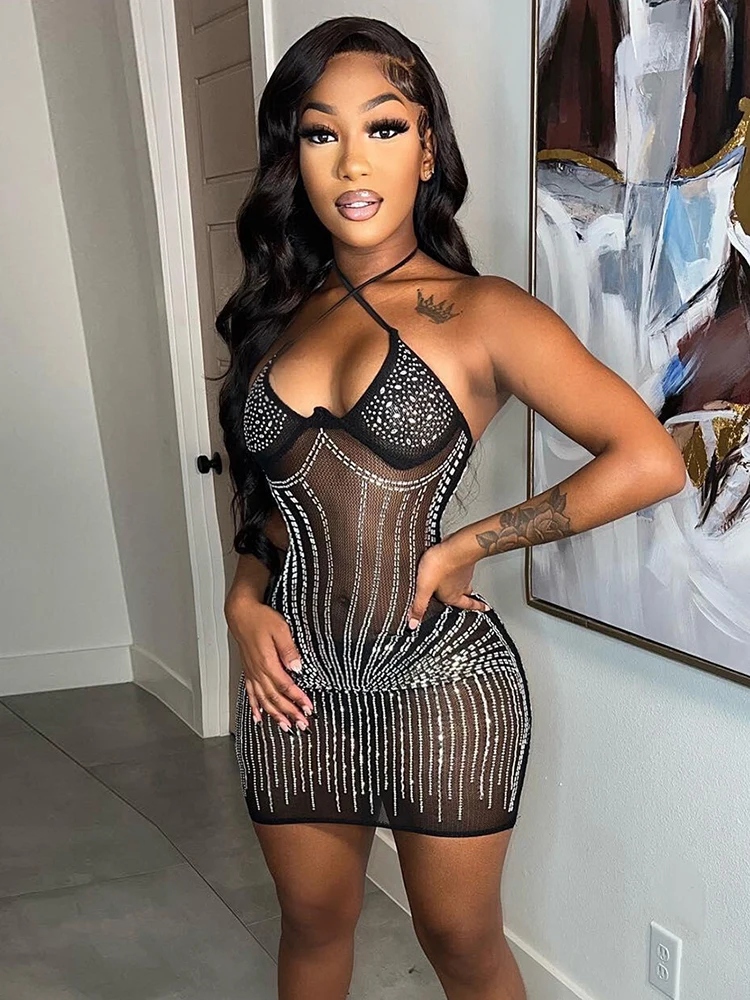 

Sifreyr Rinestone Diamonds See Through Mini Dress Women Summer Halter Backless Bodycon Party Dresses Sexy Night Club Vestidos