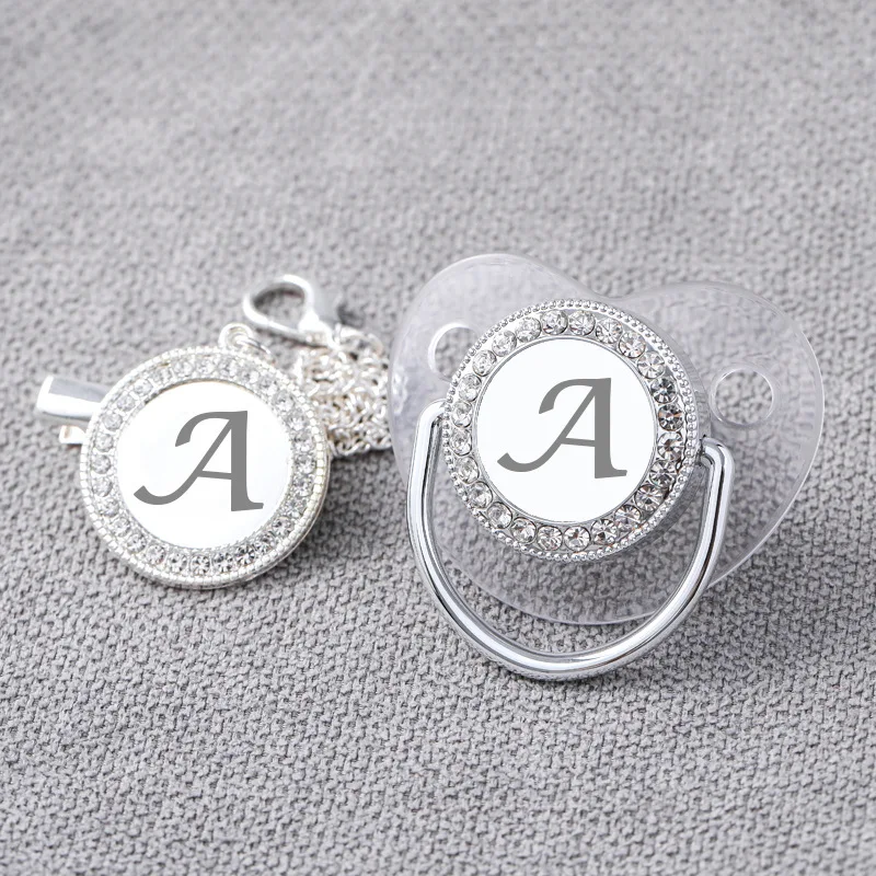 

Baby pacifier transparent silver 26 letters with drill pacifier with dust cover baby feeding supplies silicone pacifier