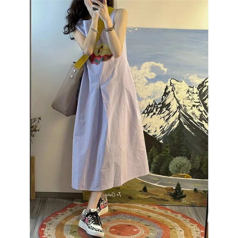 

Женское платье с круглым вырезом, длинная облегающая юбка без рукавов с рисунком яблока, с фиолетовым масляным рисунком, модель 2023 года