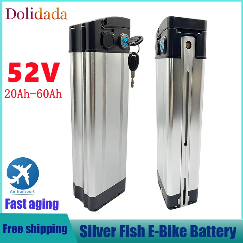 

52V 20ah 30ah 40ah 50ah 60ah Silver Fish Style Electric Bike Battery Lithium Battery with Aluminum Case Anti-theft Lock