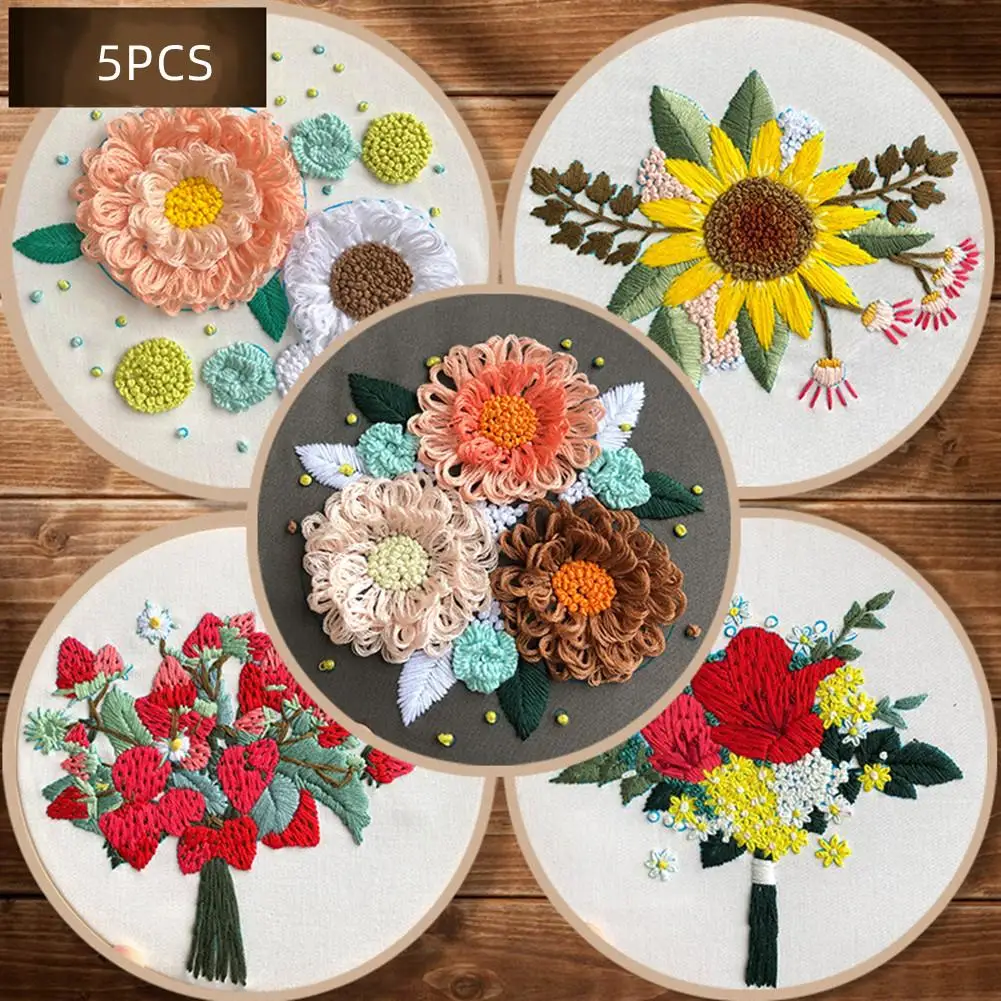 

5 Sets Embroidery Kit 3D Handmade Creative Floral Flower Cross Stitch Kits For Beginners Starters
