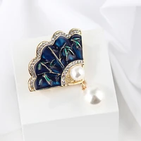 tulx vintage women blue enamel fan brooch rhinestone pin pearl pendant clothing accessories scarf clip female jewelry