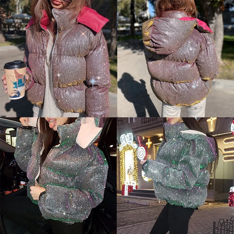 

Shiny Puffer Jacket Parka Women Autumn Winter Warm Hoodies Bubble Coat Ladies Casual Overcoat Streetwear