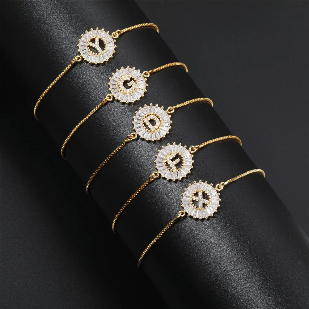 

Gold Plated Zircon Letter Detail Bracelet For Women Adjustable Chain A-z Initial Alphabet Charms Bracelets Fashion Jewelry Gift