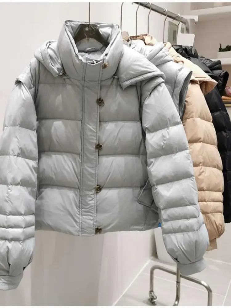 Winter Women White Duck Down Female Casual Detachable Sleeve Puffer Jacket Loose Hooded Button Zipper Coat Outwear