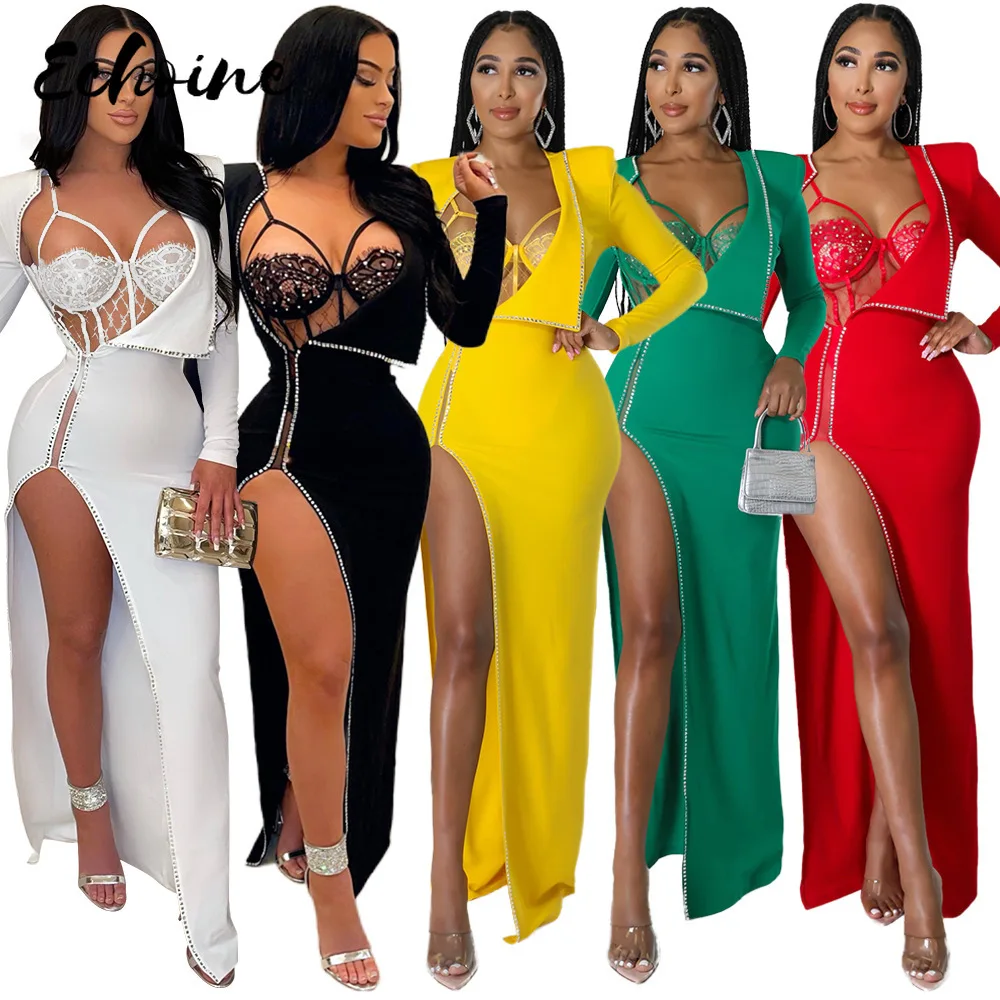 Women's Suit Sexy Mesh Bodysuits Suits With Skirt Spring Elegant Solid V Neck Lady Dress Sets New Womens Outfit Official