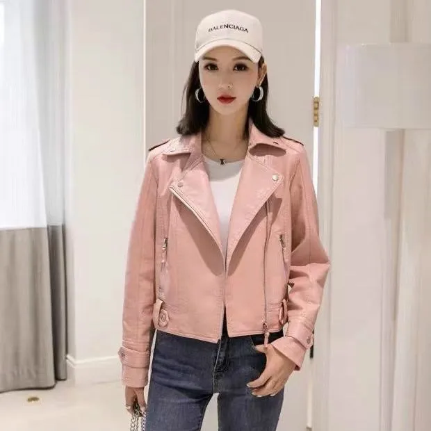 2022 Fashion Spring And Autumn Women's Short Leather Jacket Full Fit Women's Leather Jacket Solid Color Women's Leather Jacket