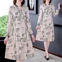 high quality print mulberry silk midi dress women korean vintage dress spring autumn new elegant bodycon office lady vestidos
