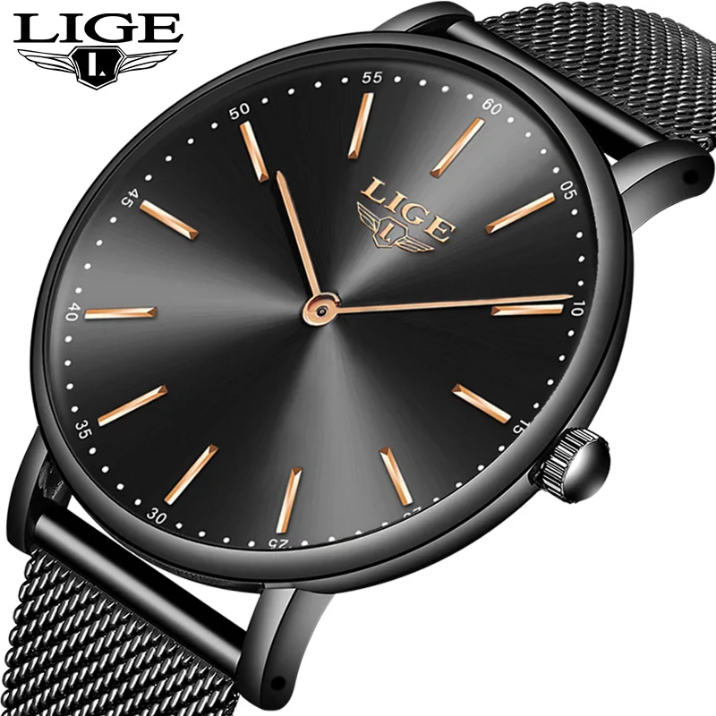 

Часы наручные LIGE Мужские кварцевые, модные брендовые Роскошные повседневные водонепроницаемые спортивные с тонким стальным сетчатым браслетом в коробке
