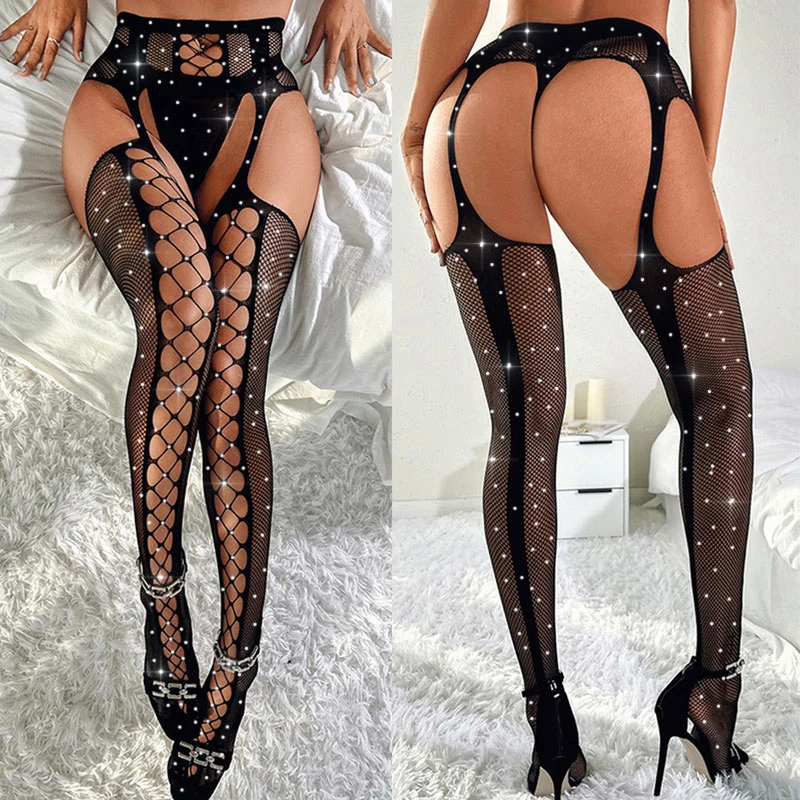 

Stockings Hot Stamping Diamonds Tights Women High Fishnet Erotic Lingerie Mesh Sexy Pantyhose Black Crotchless Tights With Belt