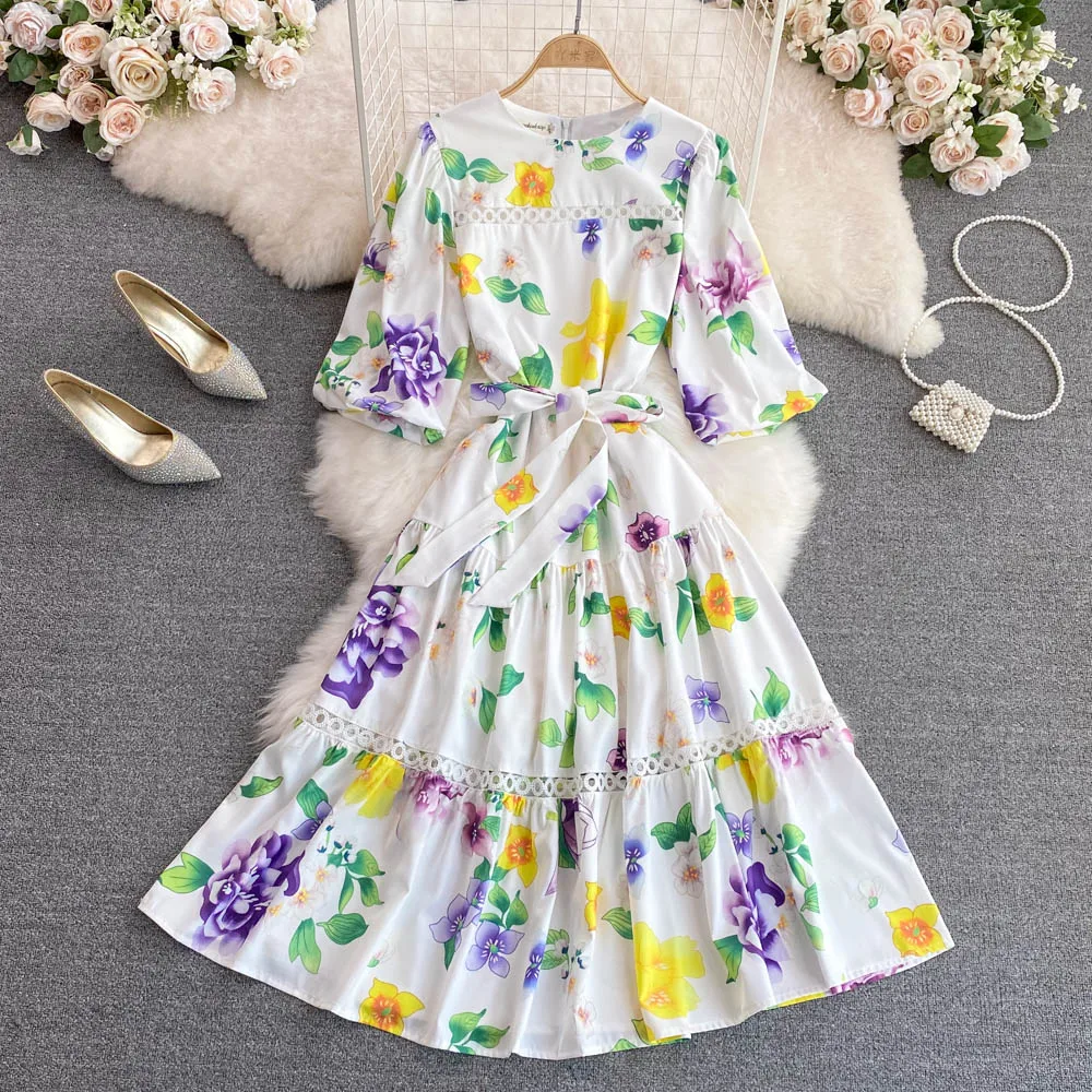 

Women's Summer Casual Print Floral Robe Long Dress 2022 New Ladies O-Neck Half Sleeve Hollow Out Bandage Elegant Party Dresses