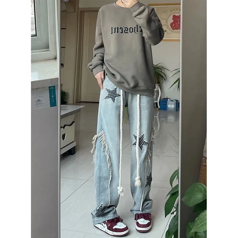 

High Street Hip Hop Stars Embroidery Jeans Women Streetwear Oversize Straight Pants Denim Spliced Loose Wide Leg Casual Trousers