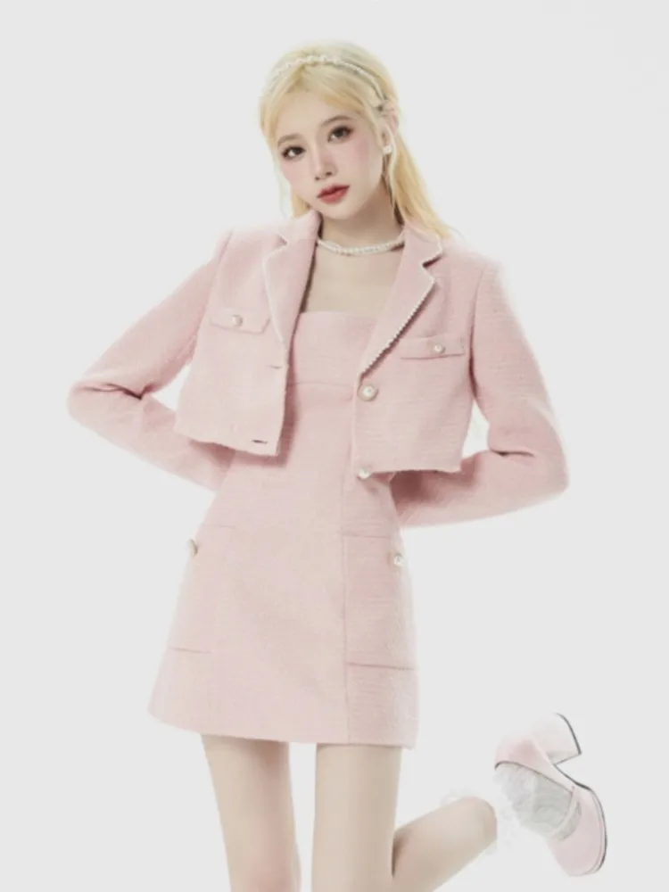 

Korea Style Women Pink Two Piece Set Kawaii Sweet Office Lady Mini Suits Female Long Sleeve Coat + Elegant Strap Dress 2023