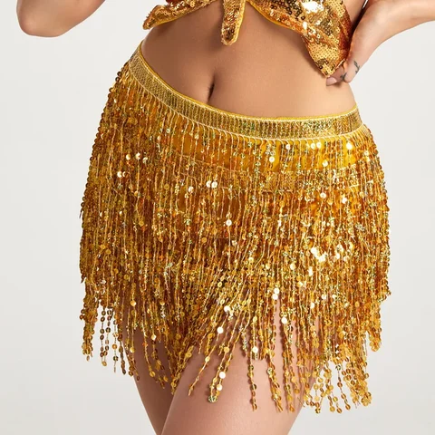 Женская мини-юбка с блестками и бахромой для танца живота