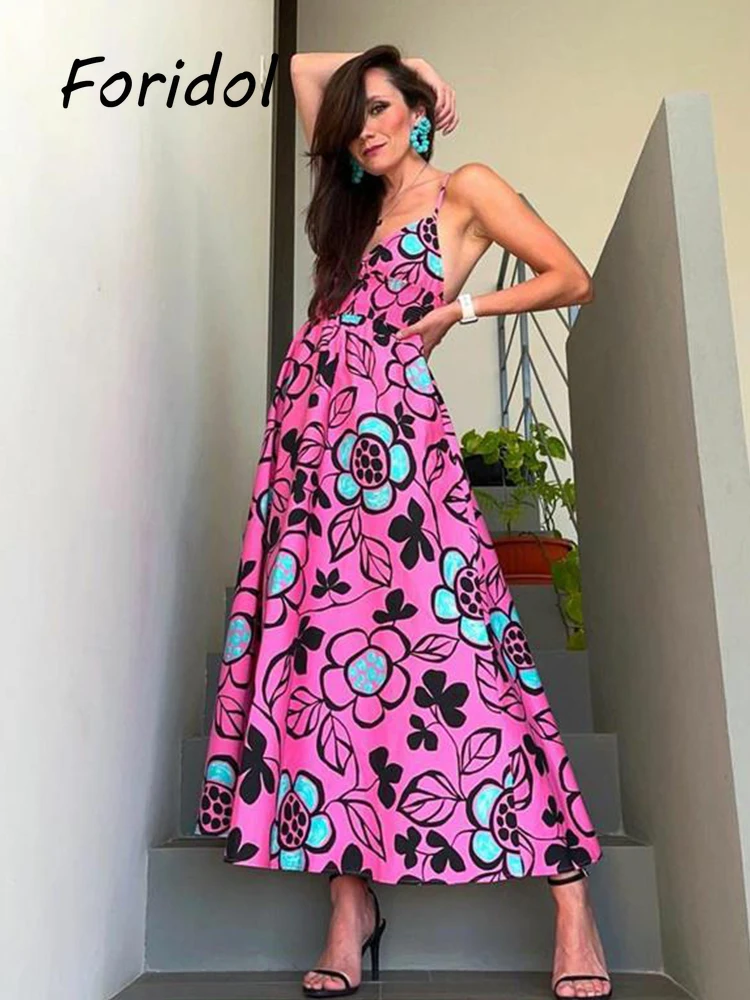 

Pink Floral Print Midi Dress Women Fashion Summer V Neck Sleeveless Backless Ladies Boho Beach Long Dress Robe Femme 2022 New