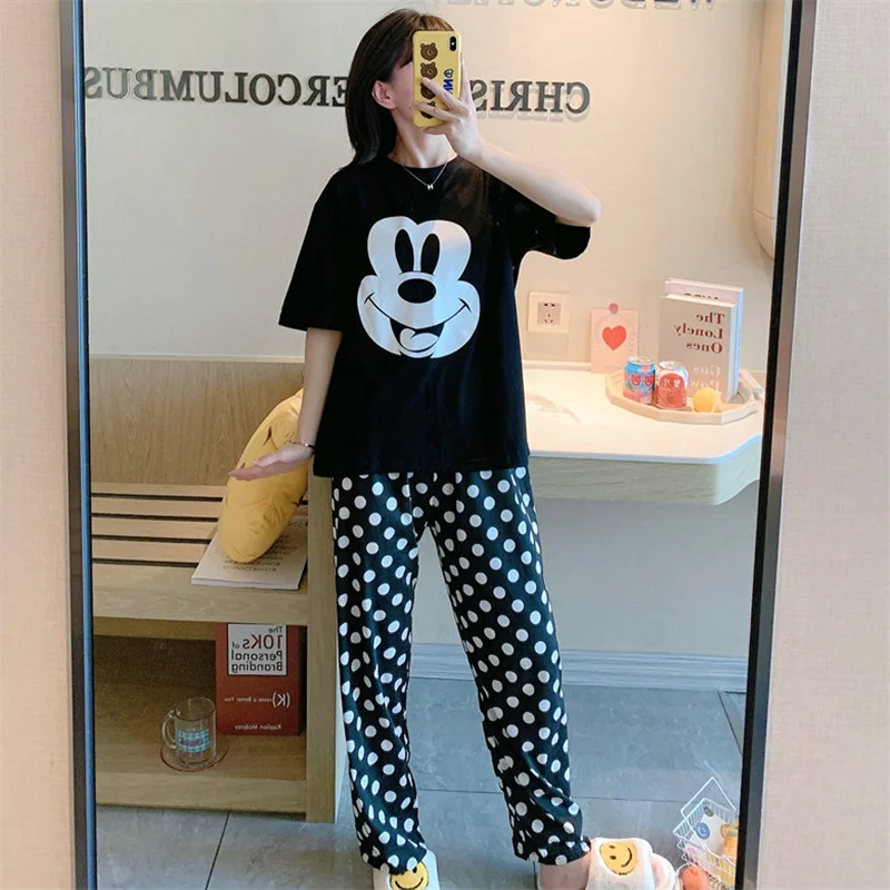 Disney Casual Mickey Pajamas Set Woman Short Sleeve Black Tops and Polka Dot Pants Fashion Homewear Women Set Summer 2022 New