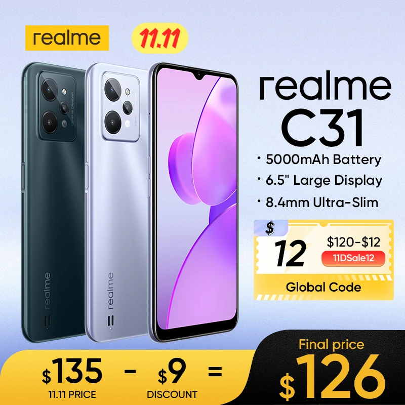 Ceny Realme C31 Nowy Smartfon 6.5 ''wyświetlaczem Potężne Ośmiordzeniowy Procesor 5000mAh Baterii 13MP AI Potrójne Kamery 3 Gniazda Na Kartę NFC 8.4MM