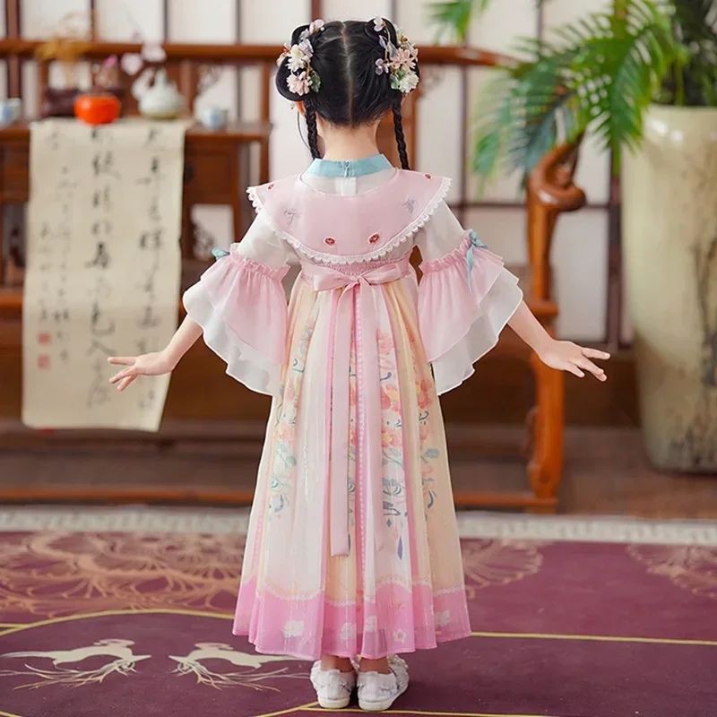 Розовое платье с цветочной вышивкой ханьфу для девочек супер сказочное в