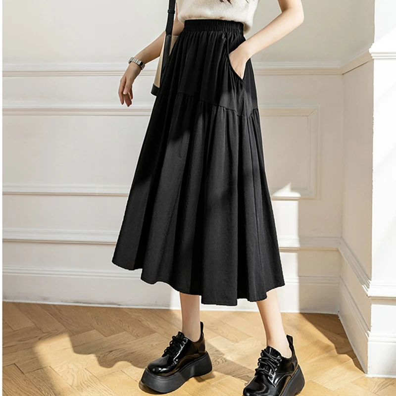 

TingYiLi Spring Summer Pocketed Black White A-line Midi Skirts Womens High Waist Big Swing Umbrella Skirt Korean Style Fashion