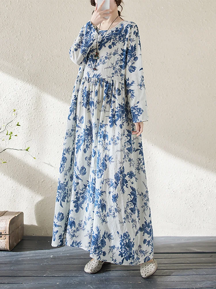 Женское винтажное платье NYFS Длинное свободное из хлопка и льна с принтом для
