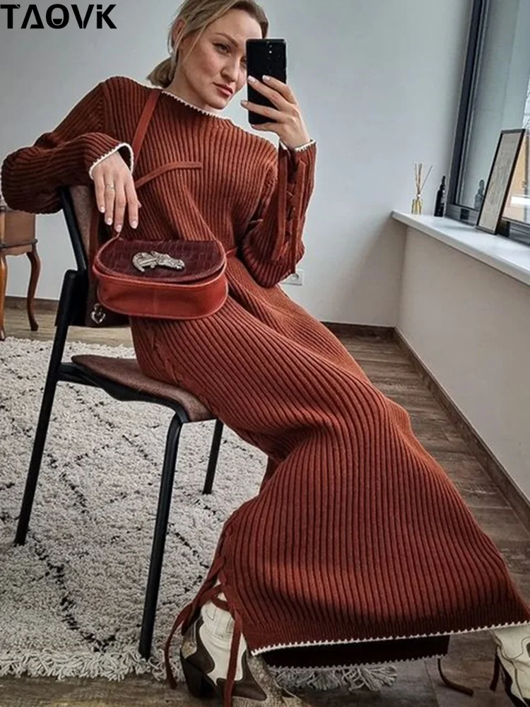 

Женское трикотажное платье макси TAOVK, однотонное платье в рубчик с длинным рукавом, модель 2023 года, женская уличная одежда