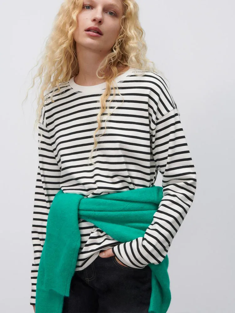 Весенняя Новинка женская одежда универсальные базовые полосатые Свободные