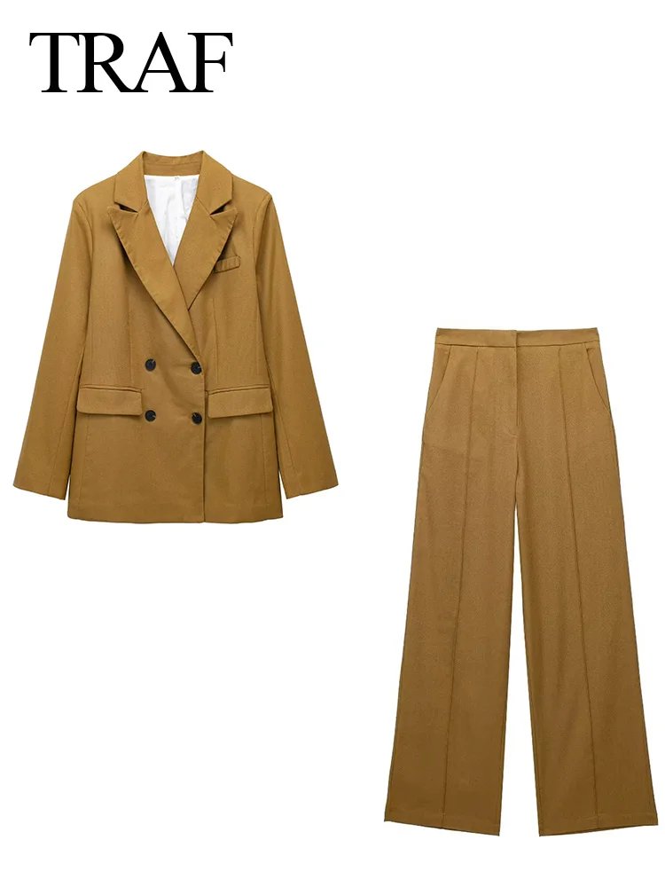 

Женский Повседневный костюм TRAF из 2 предметов, однотонный костюм с длинным рукавом, пальто на пуговицах и широкие брюки на молнии с карманами, 2023
