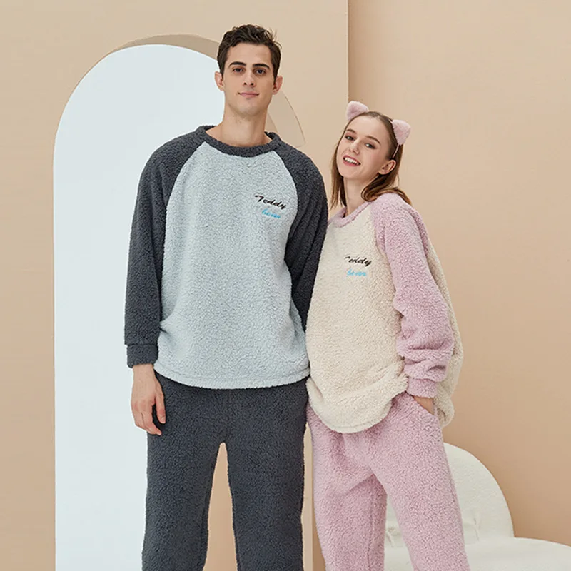 2022 Winter New Flannel Thickening Round Neck Fleece Homewear Sweater Couple Pajamas Suit Casual Loose Sleepwear Men And Women