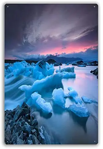

Funny Retro Cafe Store Metal Tin Signs Wall Decor Icebergs Floating In Jokulsarlon Glacier Lake At Sunset Vintage Metal Sign