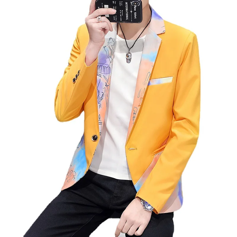 HOO 2022 Men's Printing and Color Leisure blazer Youth Handsome One-Button blazer