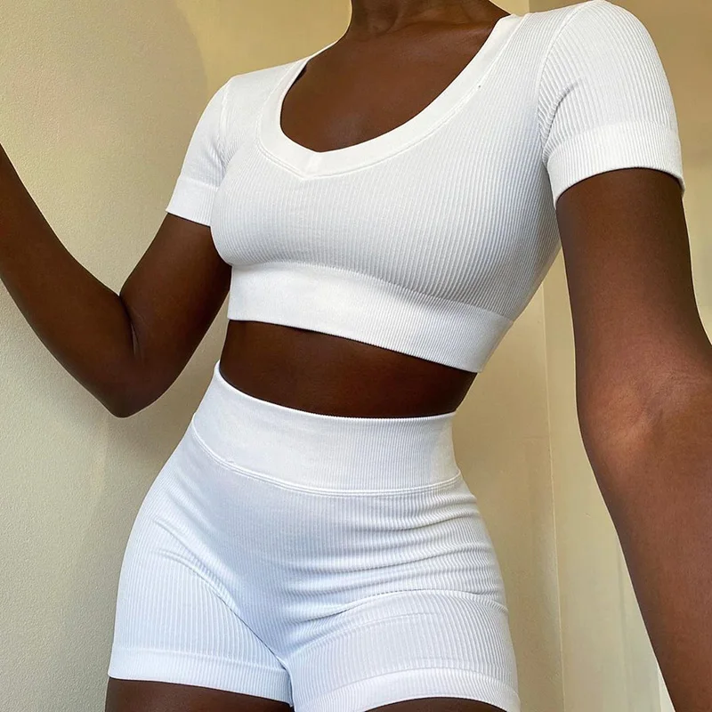 Бесшовный комплект для йоги Женская одежда из 2 предметов короткий топ рубашка