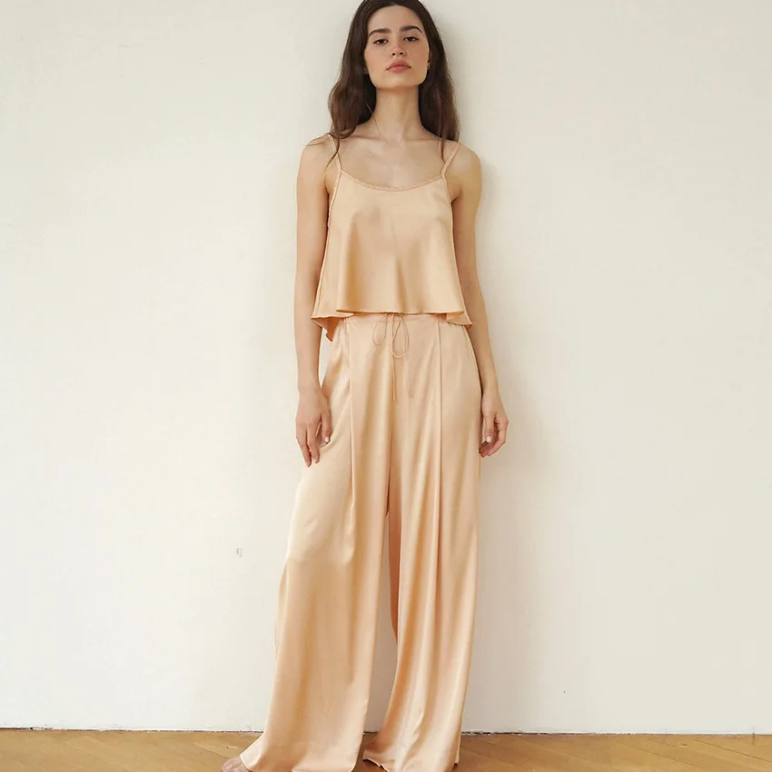 

Summer Newest Silk Cool Sling Tops with Wide Leg Pants Women's Pajamas Suit Satin Home Wear Women Two Piece Set Summer Clothes