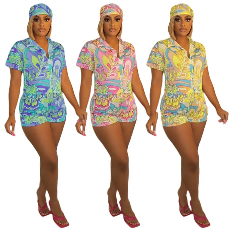 

Floral Print Shirt 3 Piece Set Women Summer Casual Short Sleeve Shirt Top + Short Slim Club Tracksuit Women Lounge Wear Outfits