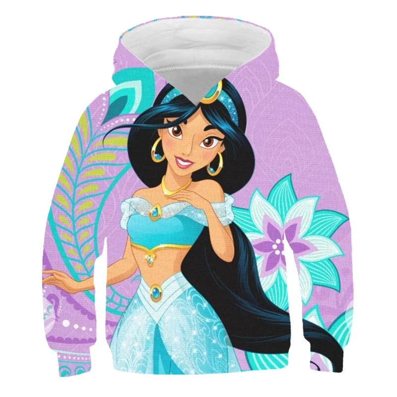 

Новинка 2022, жасминовые толстовки для девочек на весну и осень, модные толстовки с капюшоном для принцесс Диснея, повседневные топы с длинным...