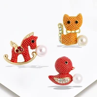 cartoon cute rhinestone cat duck brooch for kids lovely pearl wooden horse pins clothing bag buckle badges jewelry